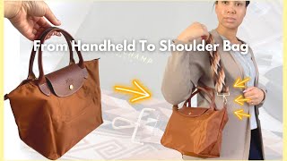 1 EASY WAY TO ADD A BAG STRAP  Longchamp Le Pliage Top Handle in Cognac [upl. by Ennaitak]