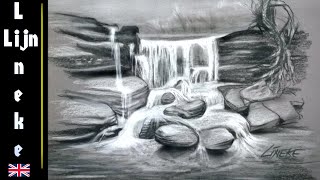 Easy WATERFALL for beginners Charcoal drawing [upl. by Ardnu]