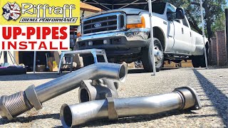 2001 F350 73  RiffRaff UpPipes Install  Stock up pipes leaking and falling apart JUNK SP [upl. by Nylac]