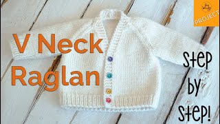 How to knit a Baby VNeck Raglan Cardigan step by step  Part 1 [upl. by Clauddetta]